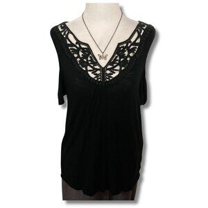 KISMET Black cold shoulder top with crochet neckline ~ Goth MEDIUM LARGE shirt